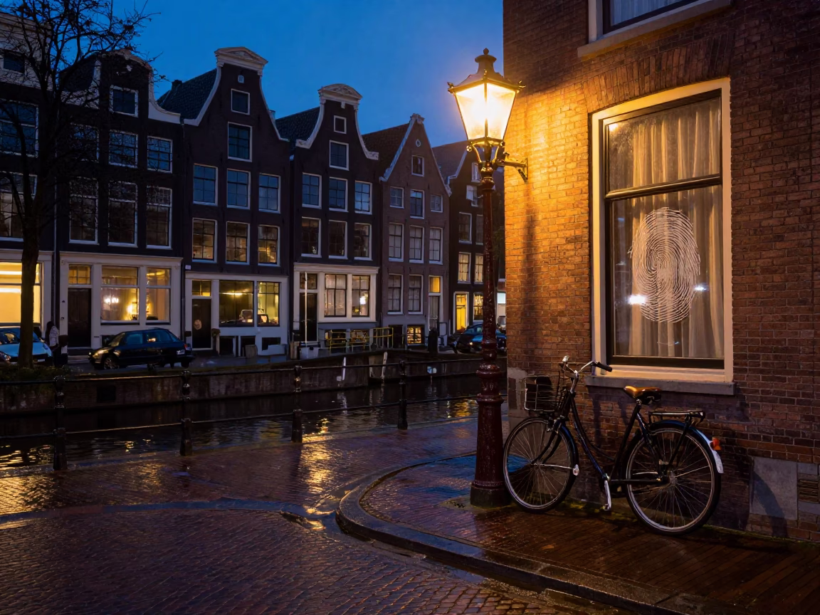 Midnight Amsterdam Canal Scene with Fingerprinted Window Glass and Vintage Bicycle in in Amsterdam, Netherlands