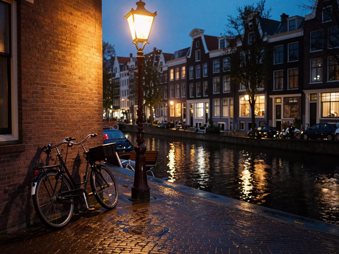 Midnight Amsterdam Canal Scene with Parked Bicycle and Wet Cobblestones in in Amsterdam, Netherlands