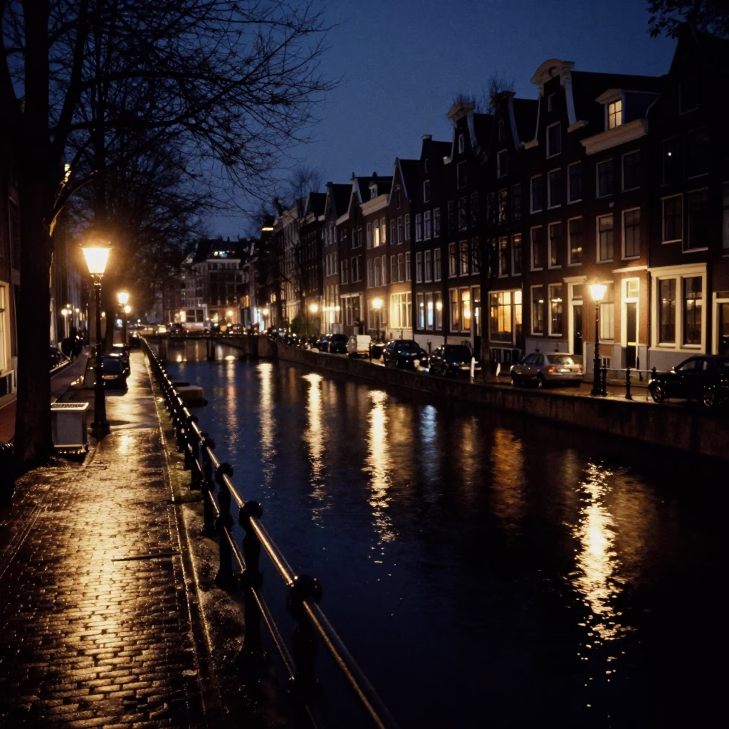 Midnight Amsterdam Canal Scene with Wet Cobblestones and Urban Reflections in in Amsterdam, Netherlands