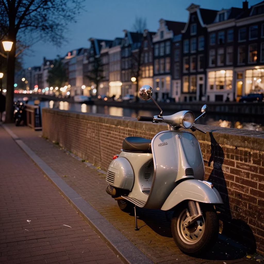 Midnight Amsterdam Canal Street Scene with Parked Scooter and Bottle in in Amsterdam, Netherlands