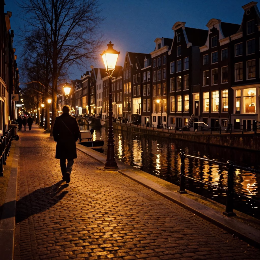 Midnight Amsterdam Canal Street Scene with Vintage 1950s Aesthetic and Urban Details in in Amsterdam, Netherlands
