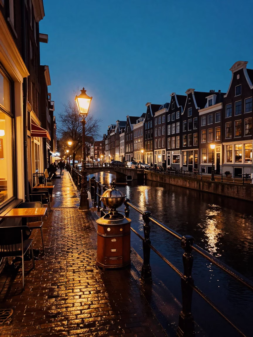 Midnight Amsterdam Canal Street Scene with Vintage Coffee Grinder and Majolica Plate in in Amsterdam, Netherlands