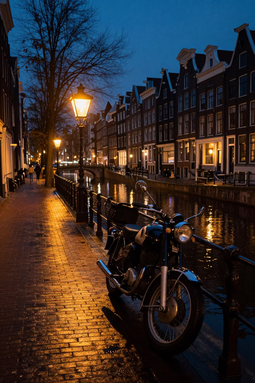 Midnight Amsterdam Canal Street Scene with Vintage Motorcycle and Brick Architecture in in Amsterdam, Netherlands