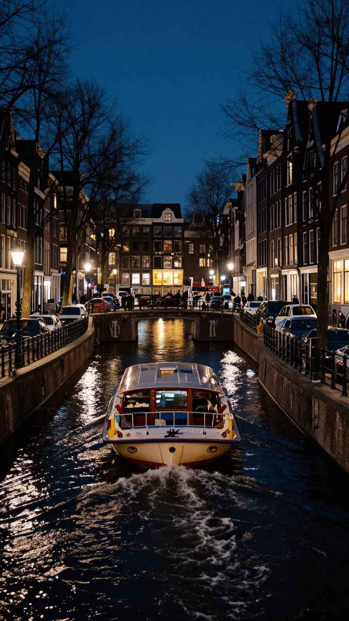 Midnight Amsterdam Canal Street Scene with Water Taxi and Historic Brick Architecture in in Amsterdam, Netherlands