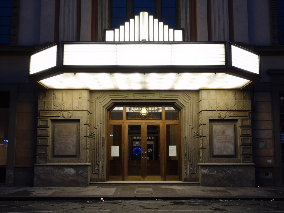 Midnight Art Deco Cinema Facade in Florence Italy with Vintage Film Details in in Florence, Italy