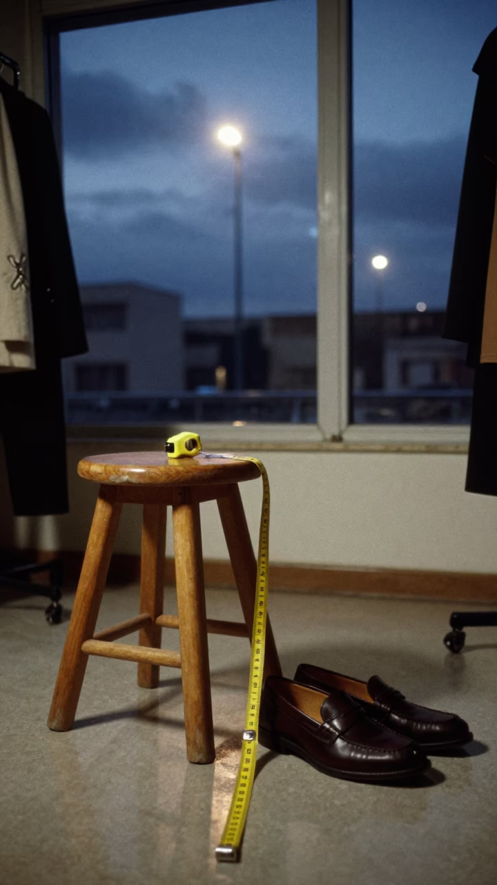 Midnight Atelier Stool with Loafers and Tape in inside a couture atelier in Zakho
