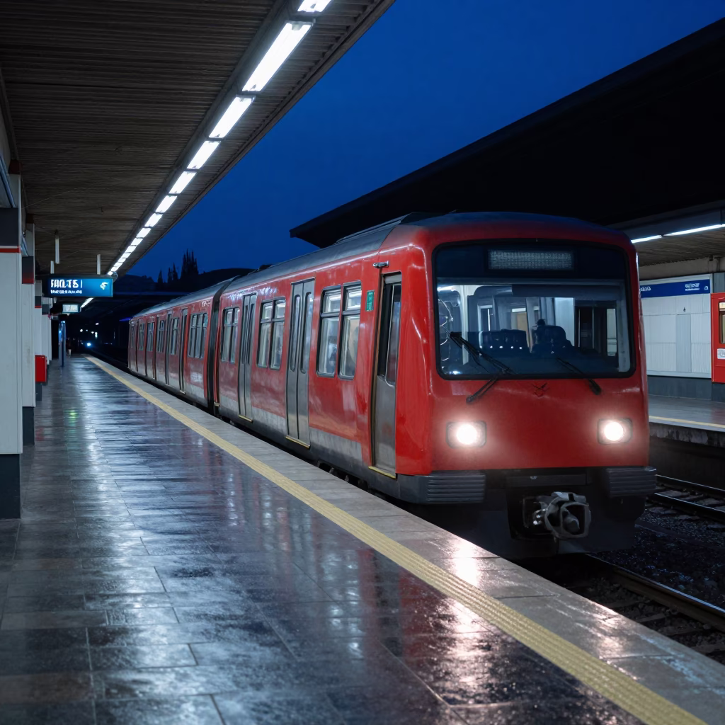 Midnight Athens Greece Metro Train Pulling Into Art Adorned Station with Wet Flagstones in in Athens, Greece