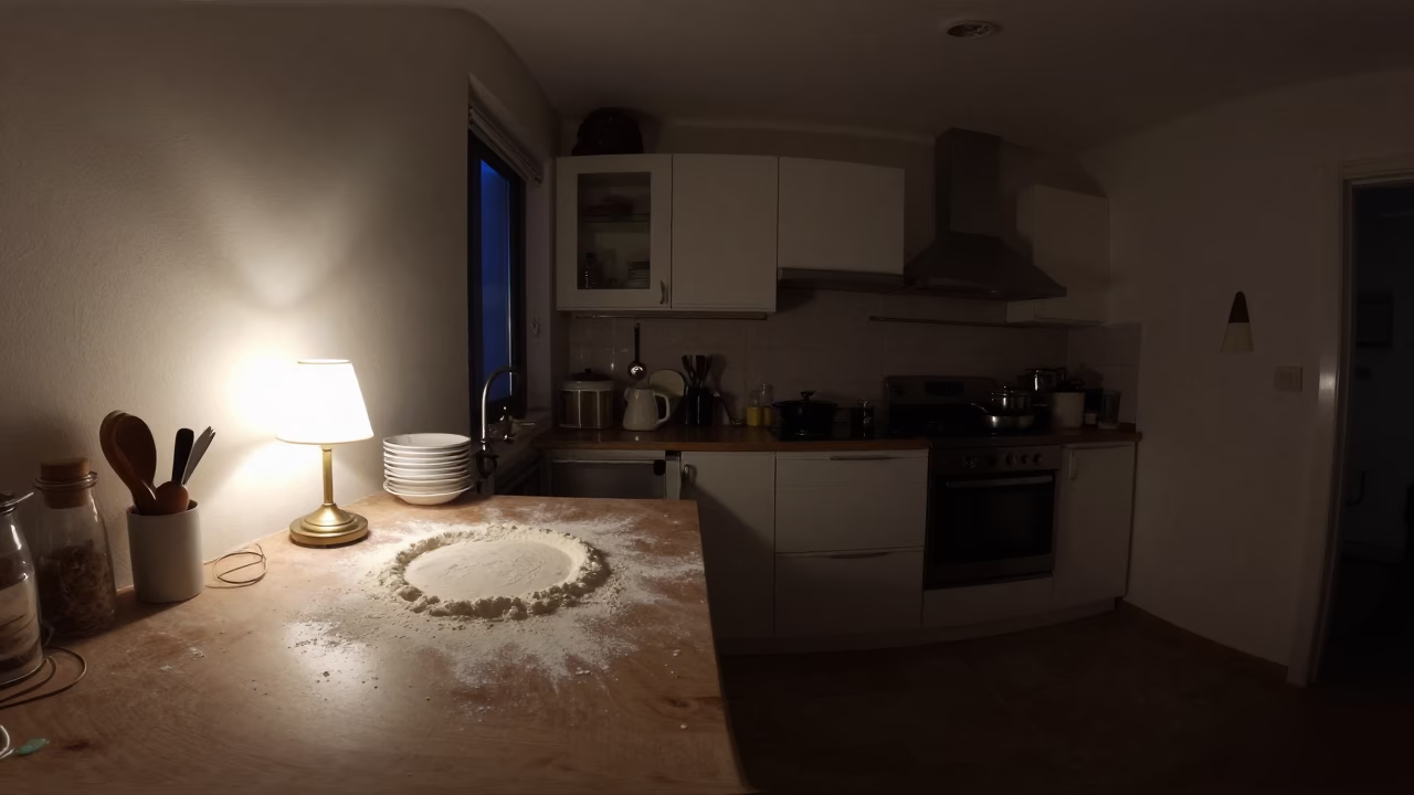 Midnight Athens Kitchen Scene with Flour Dust and Stacked Plates in in Athens, Greece