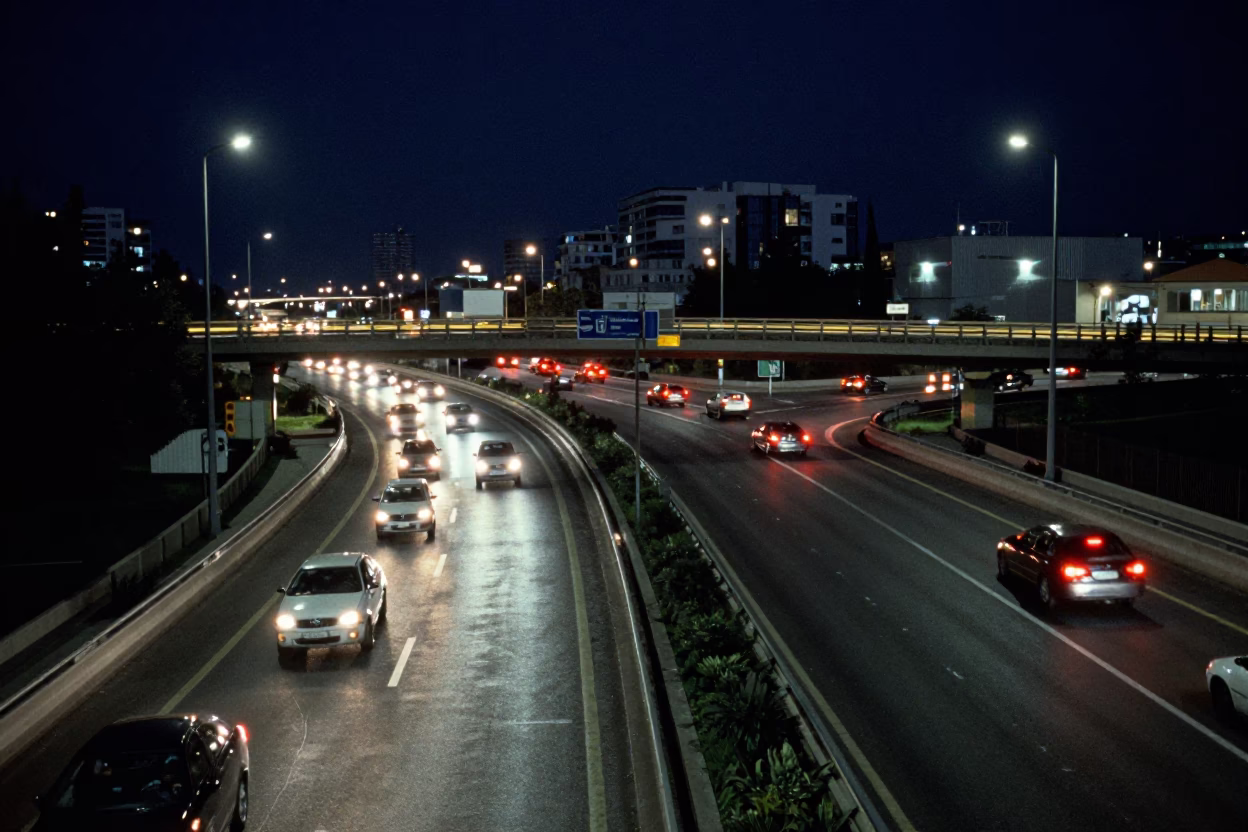 Midnight Athens Overpass Interchange Lane Split Lit by Taillight Streaks in in Athens, Greece
