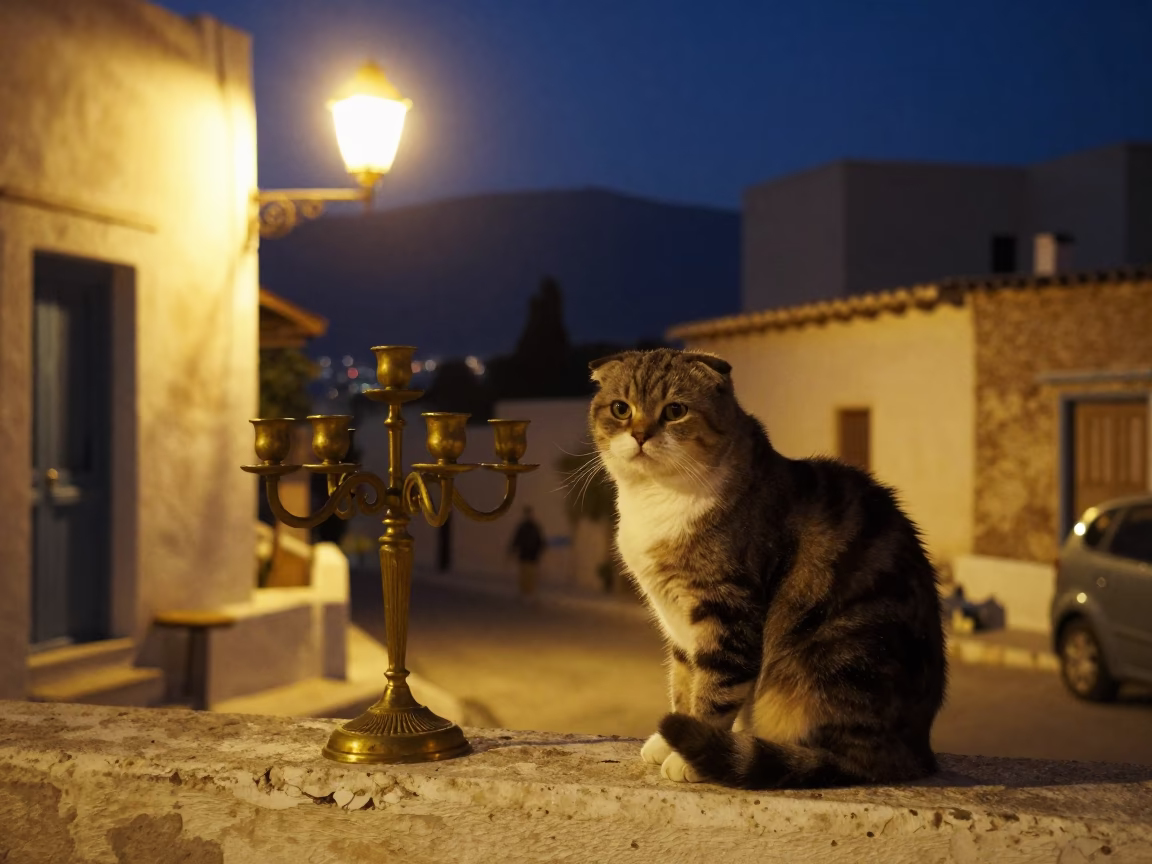 Midnight Athens Street Scene with Cat and Local Objects in in Athens, Greece