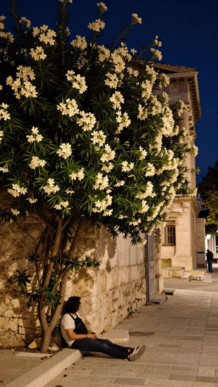 Midnight Athens Street Scene with Oleander Hedge and Ancient Pottery Shard in in Athens, Greece