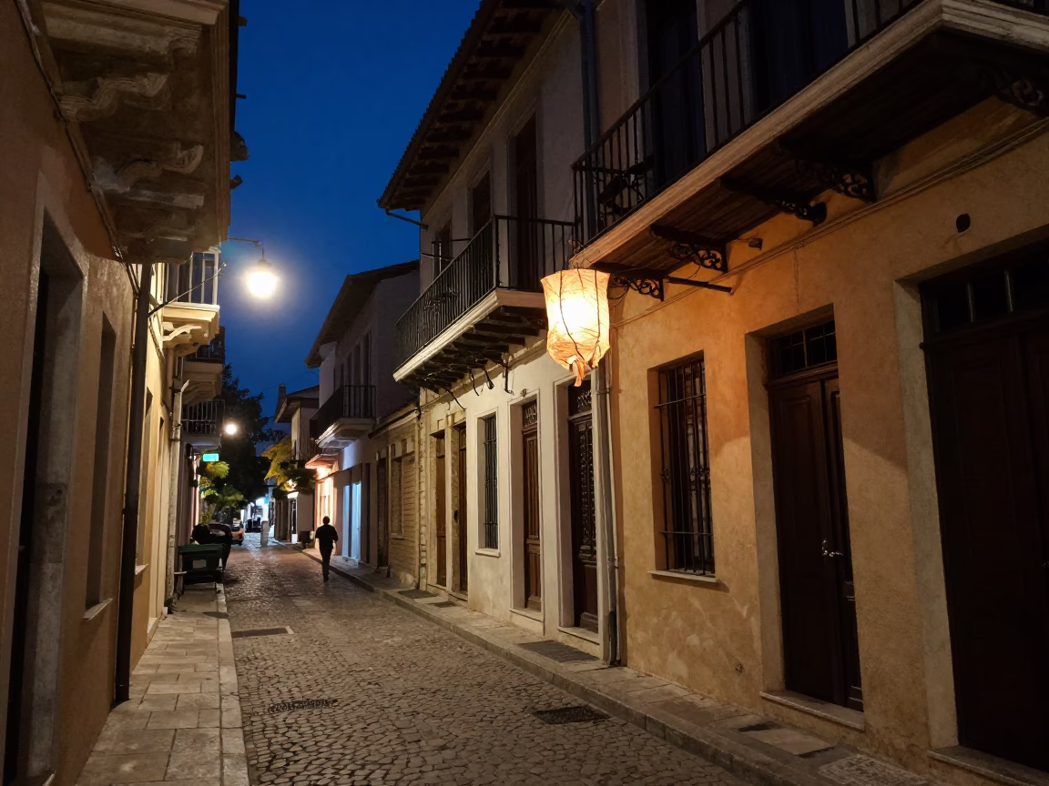 Midnight Athens Street Scene with Paper Lanterns and Vintage Details in in Athens, Greece