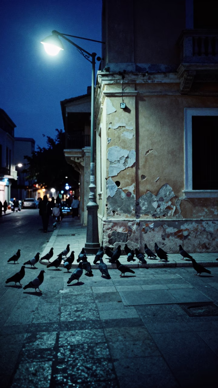 Midnight Athens Street Scene with Pigeons and Urban Details in Greece in in Athens, Greece