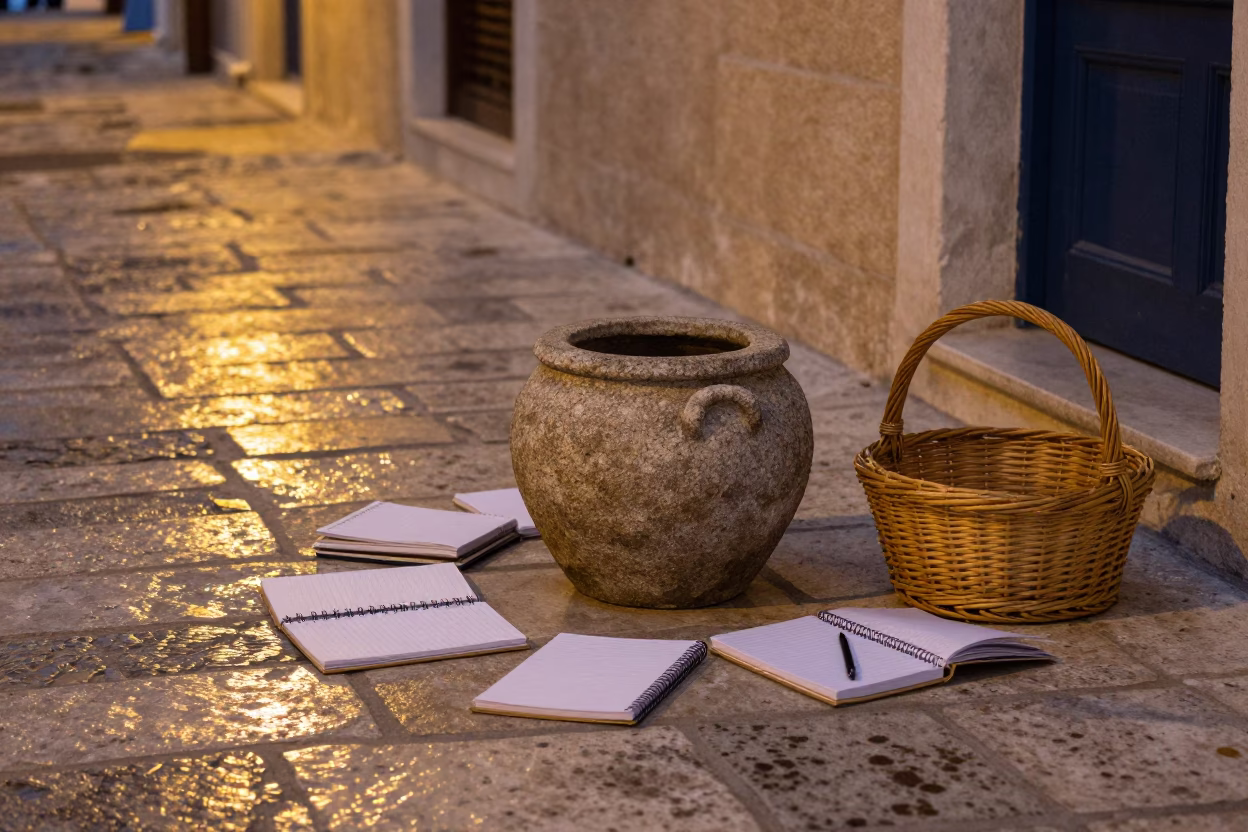 Midnight Athens Street Scene with Stone Pot and Notebook on Balcony in in Athens, Greece