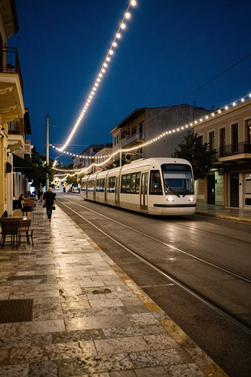 Midnight Athens street scene with string lights and monorail in in Athens, Greece