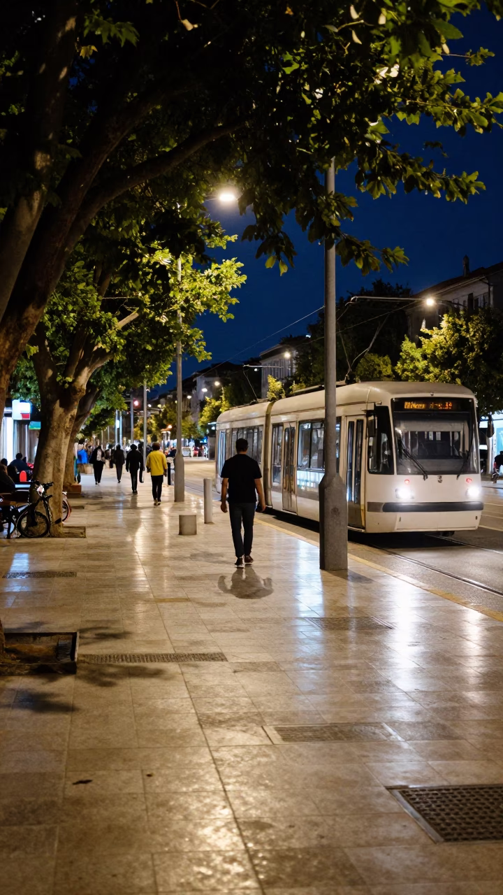 Midnight Athens Street Scene with Tram and Leaf Shadows on Tile Pavement in in Athens, Greece