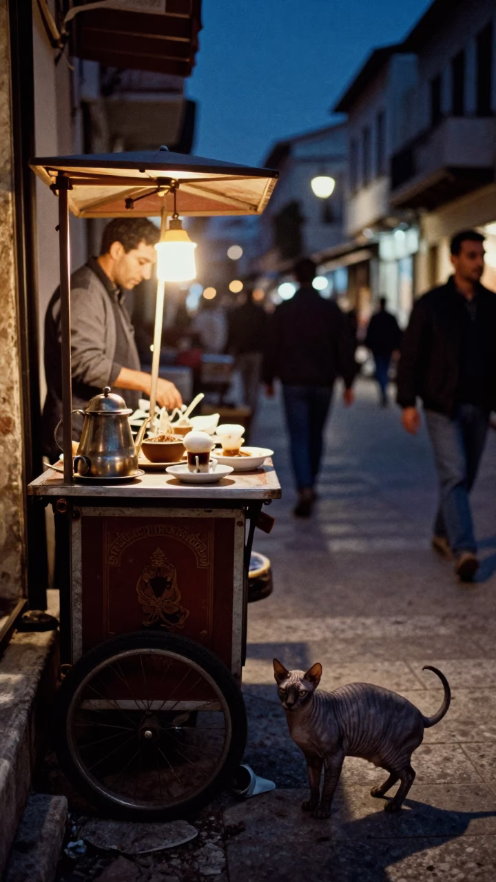Midnight Athens Street Scene with Turkish Coffee and Cat Near Ancient Ruins in in Athens, Greece