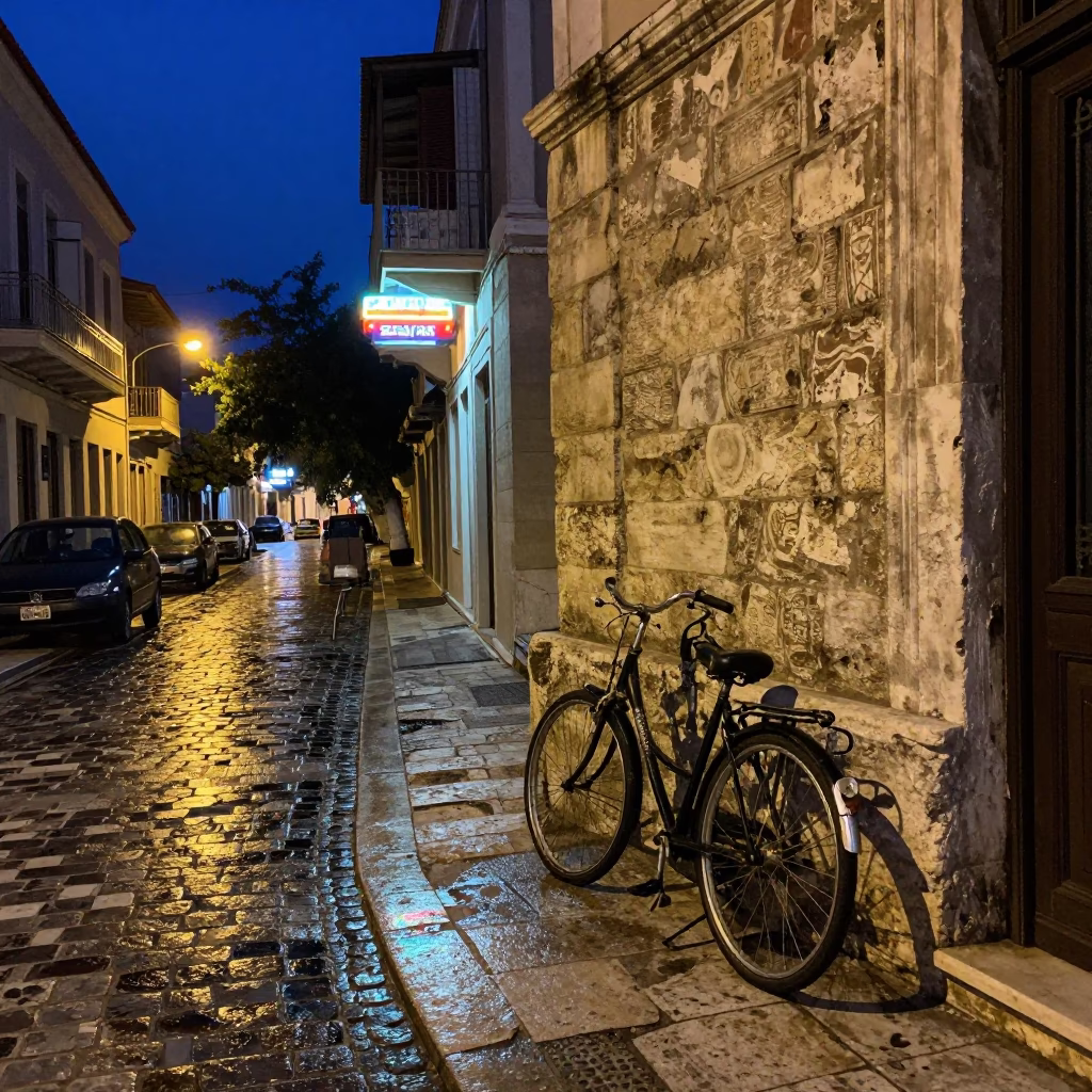 Midnight Athens Street Scene with Vintage Bicycle and Neon Signage in Greece in in Athens, Greece