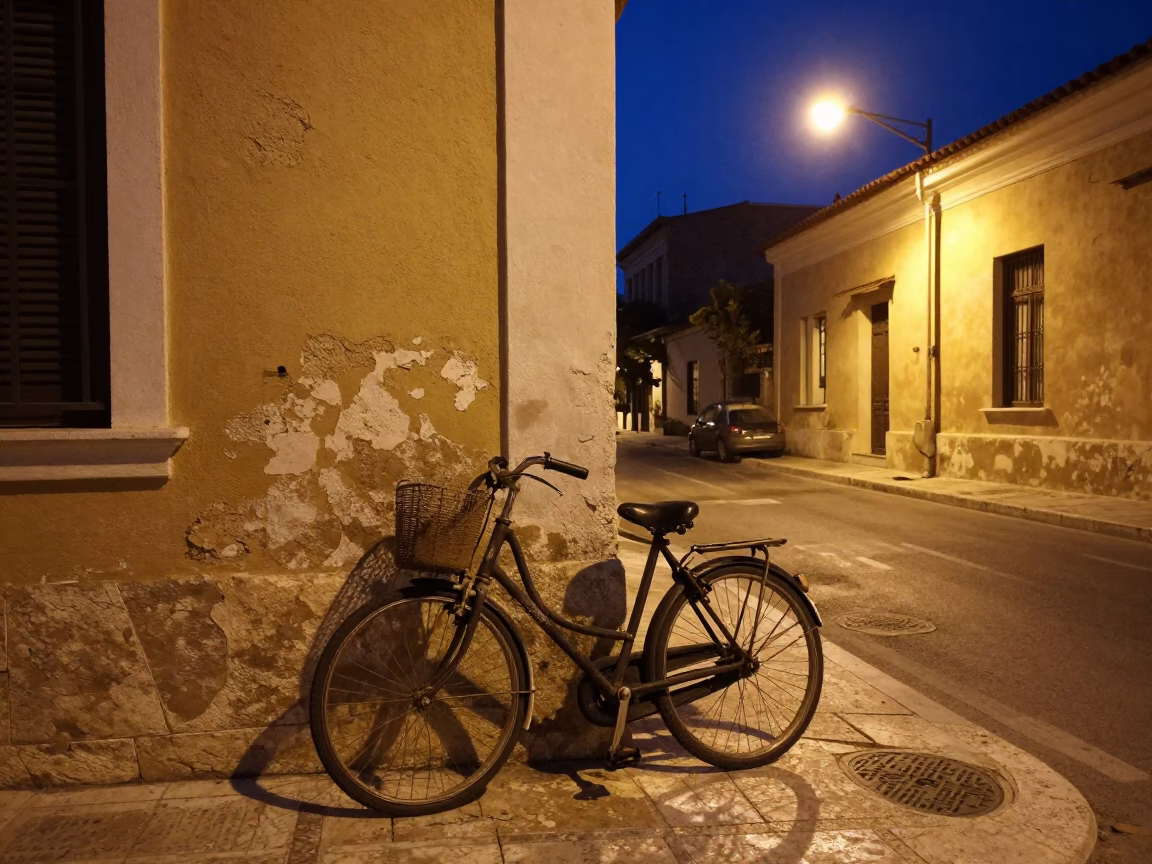 Midnight Athens Street Scene with Vintage Bicycle and Urban Details in in Athens, Greece