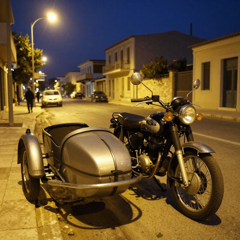 Midnight Athens Street Scene with Vintage Motorcycle and Sidecar Near Ancient Ruins in in Athens, Greece