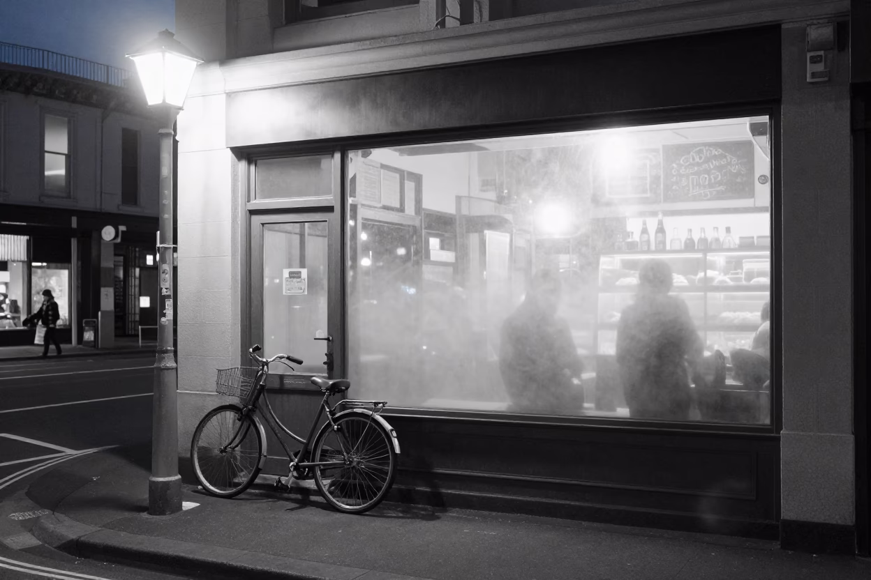 Midnight Auckland New Zealand Street Scene with Bicycle and Bakery Interior in in Auckland, New Zealand