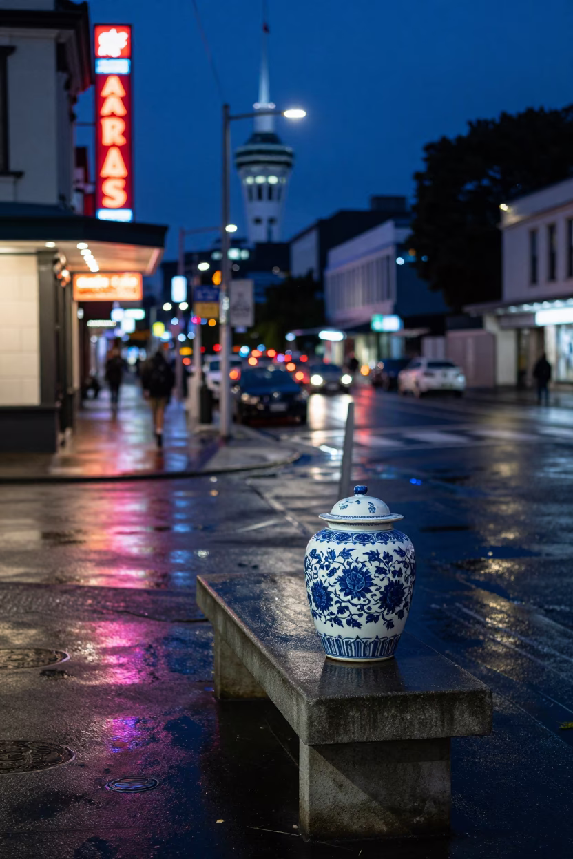 Midnight Auckland Street Scene with Blue Porcelain Jar and Wet Pavement Reflections in in Auckland, New Zealand