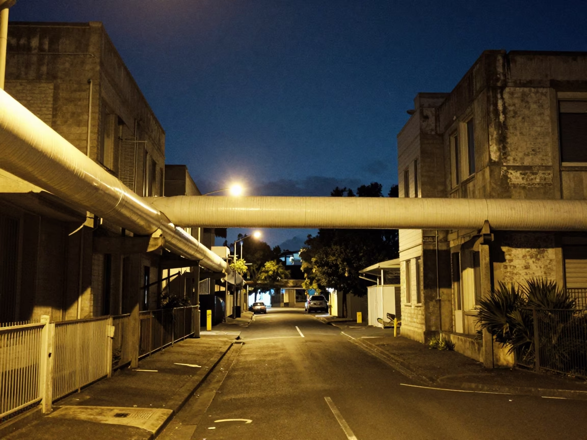 Midnight Auckland Street Scene with District Heating Pipes Between Concrete Blocks in in Auckland, New Zealand