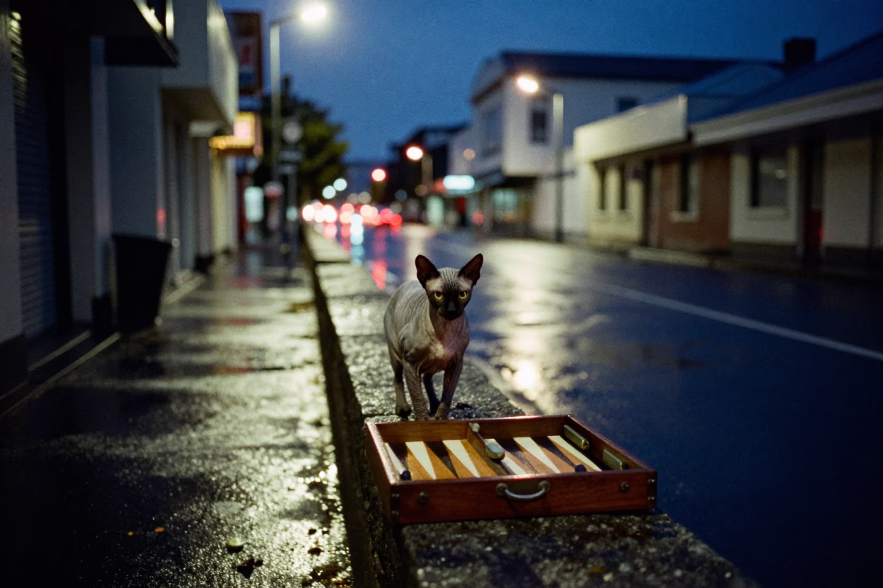 Midnight Auckland Street Scene with Donskoy Cat and Backgammon Board in in Auckland, New Zealand