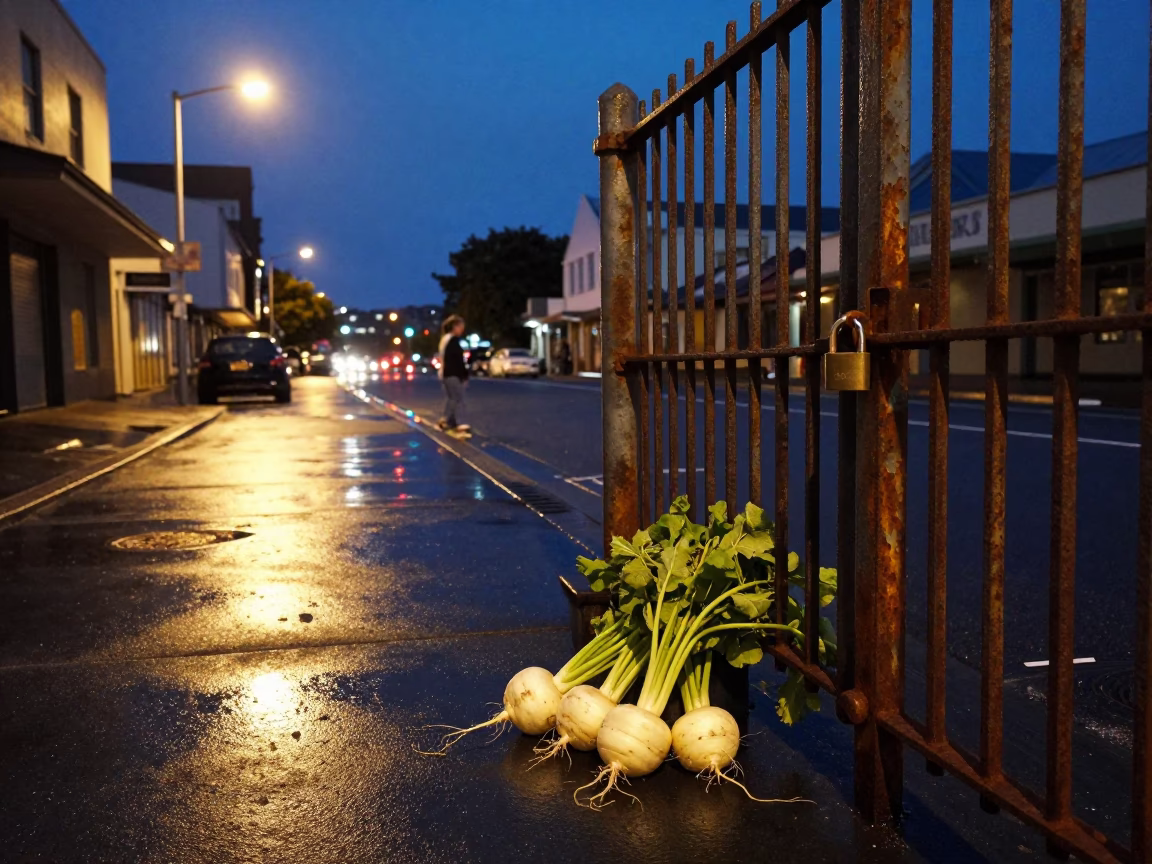 Midnight Auckland Street Scene with Padlock and Turnips on Wet Pavement in in Auckland, New Zealand