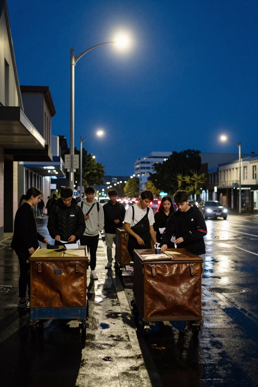 Midnight Auckland Street Scene with Rolling Carts and Leather Basketball in in Auckland, New Zealand