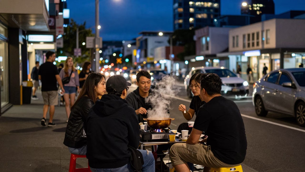 Midnight Auckland Street Scene with Steaming Hotpot and Urban Night Activity in in Auckland, New Zealand