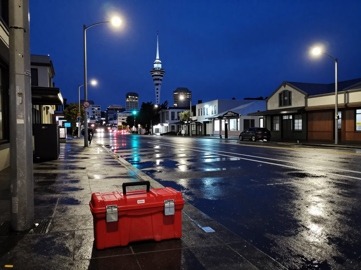 Midnight Auckland Street Scene with Toolbox and Harbor Lights in in Auckland, New Zealand