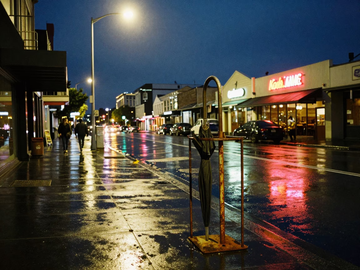 Midnight Auckland Street Scene with Umbrella Stand and Wet Pavement Reflections in in Auckland, New Zealand