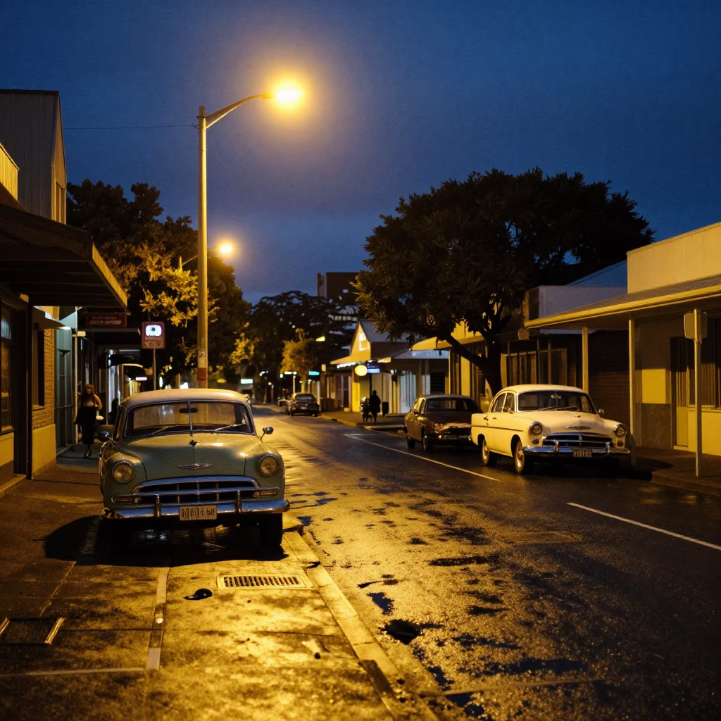 Midnight Auckland Street Scene with Vintage 1950s Atmosphere and Local Details in in Auckland, New Zealand