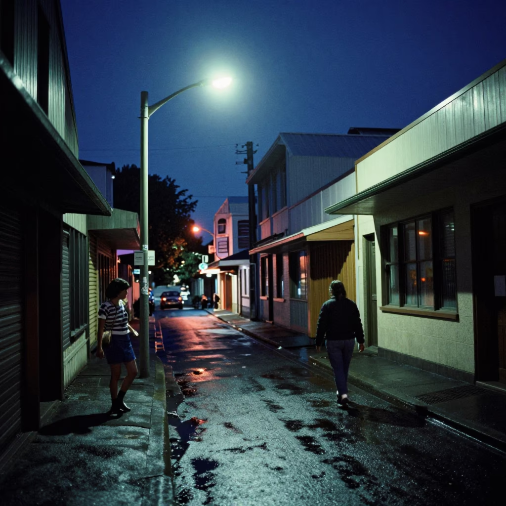 Midnight Auckland Street Scene with Vintage 1960s Aesthetic and Local Details in in Auckland, New Zealand