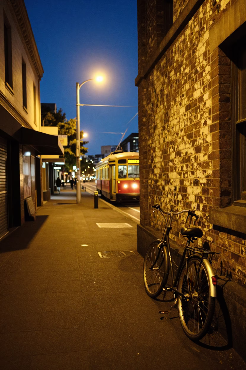 Midnight Auckland Street Scene with Vintage Bicycle and Tram Reflections in in Auckland, New Zealand