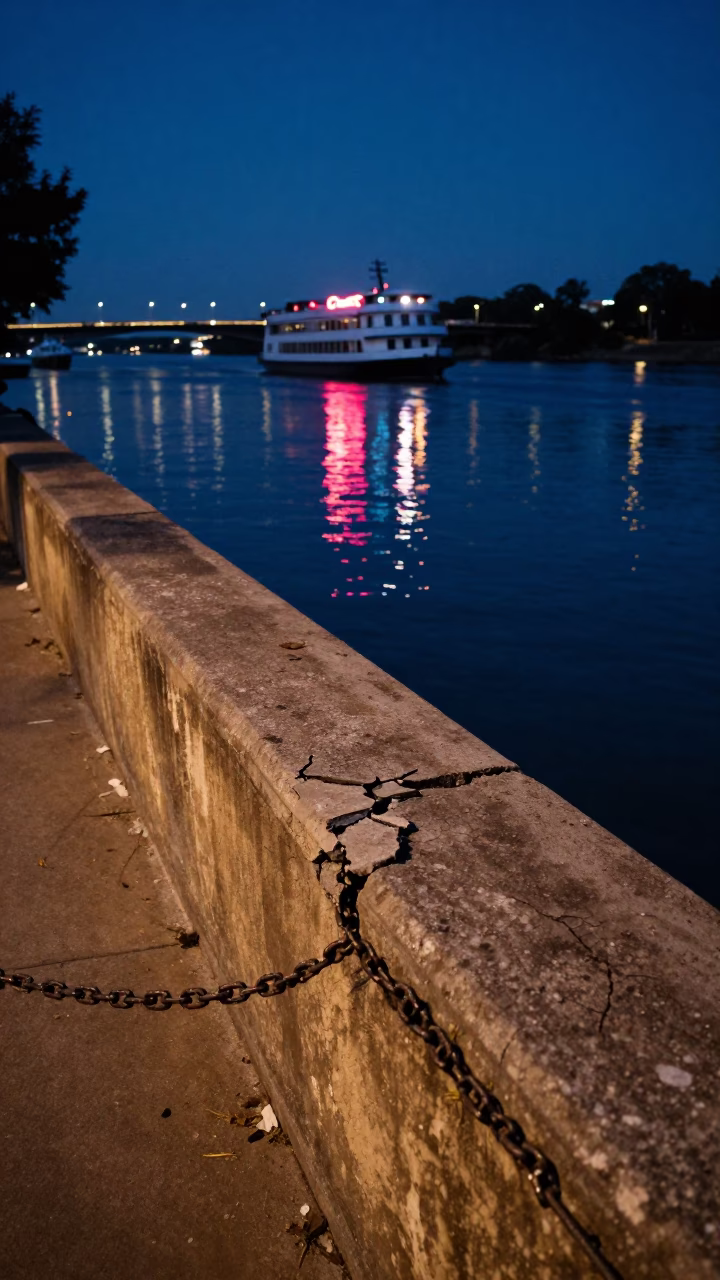 Midnight Austin Texas Neon Reflections on Cracked Stucco and Chain Ferry Crossing Colorado River in in Austin, Texas, United States