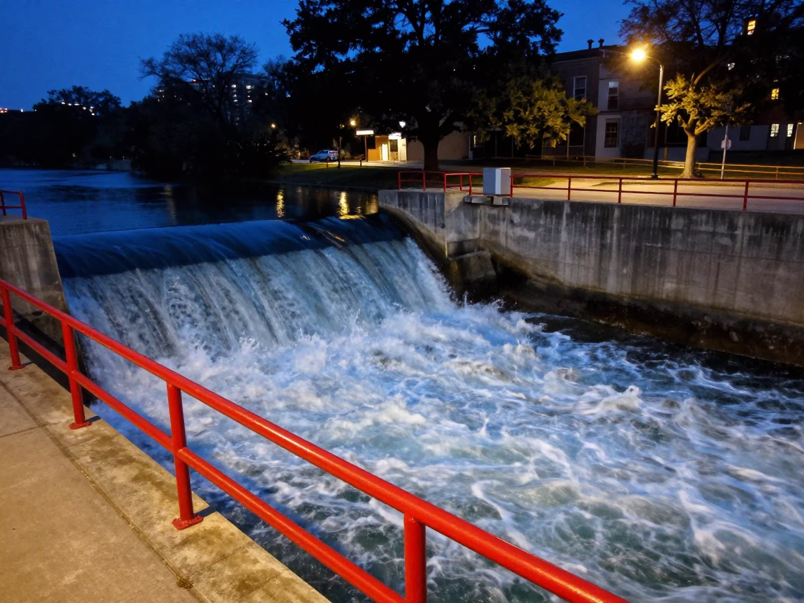 Midnight Austin Texas Spillway Chute White Water Red Railings Street Photography in in Austin, Texas, United States