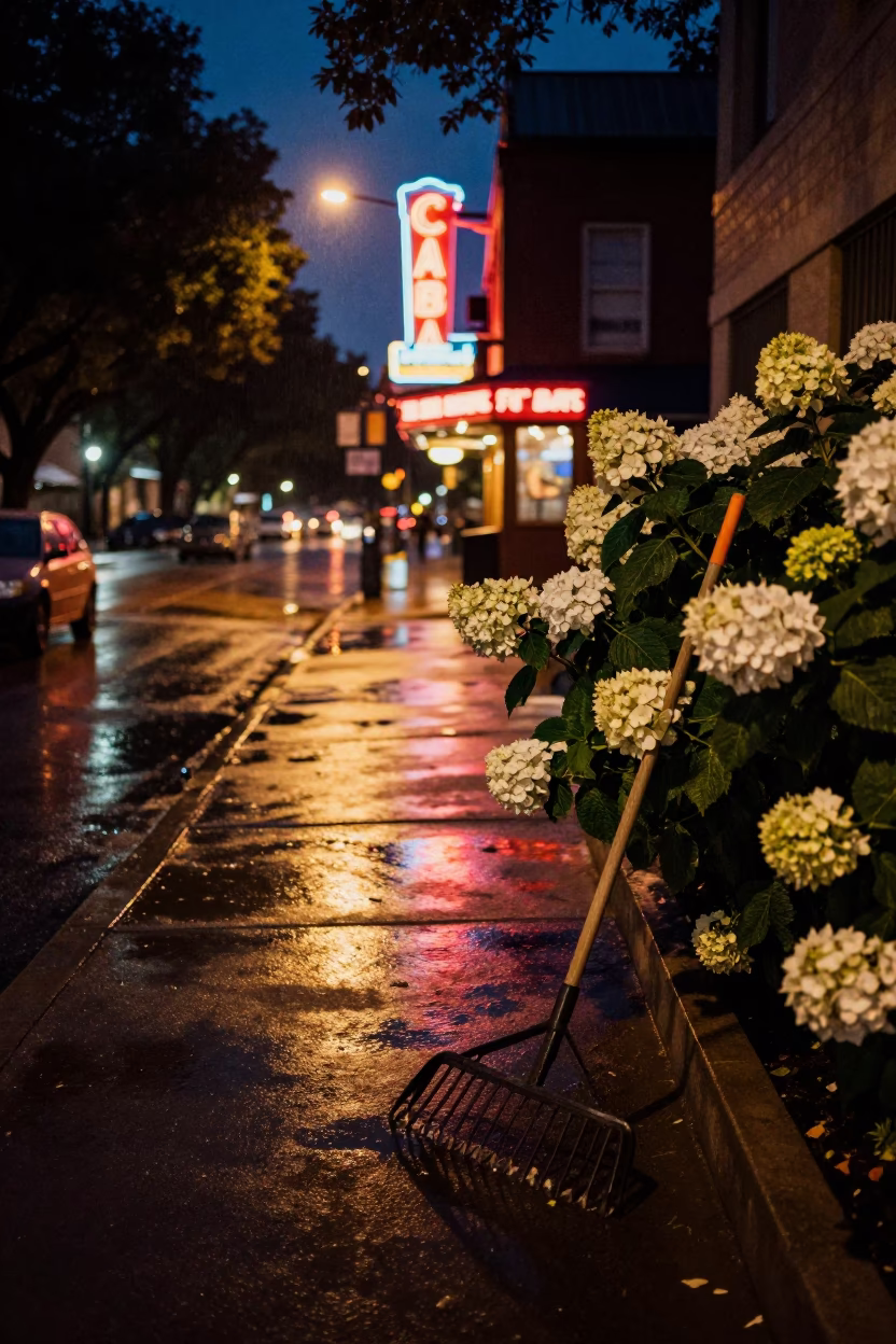 Midnight Austin Texas Street Scene with Garden Rake and Hydrangeas Under Streetlight in in Austin, Texas, United States