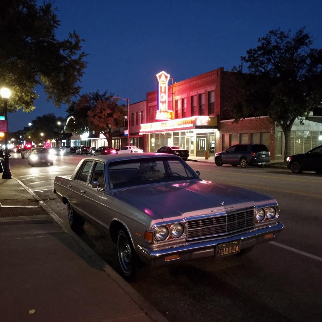 Midnight Austin Texas Street Scene with Neon Signs and Parked Cars in in Austin, Texas, United States