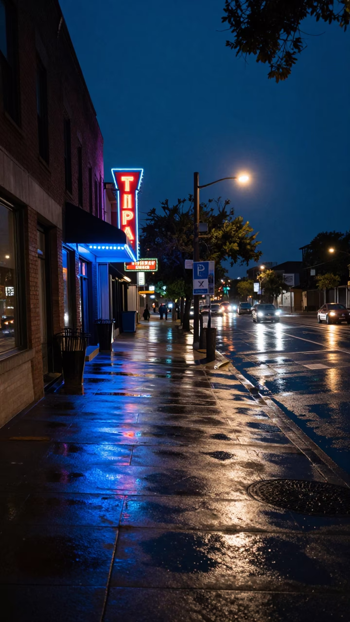 Midnight Austin Texas Street Scene with Neon Signs and Wet Pavement Reflections in in Austin, Texas, United States
