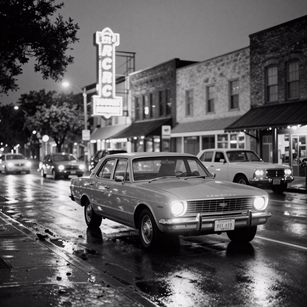 Midnight Austin Texas Street Scene with Vintage Car and Neon Reflections in in Austin, Texas, United States