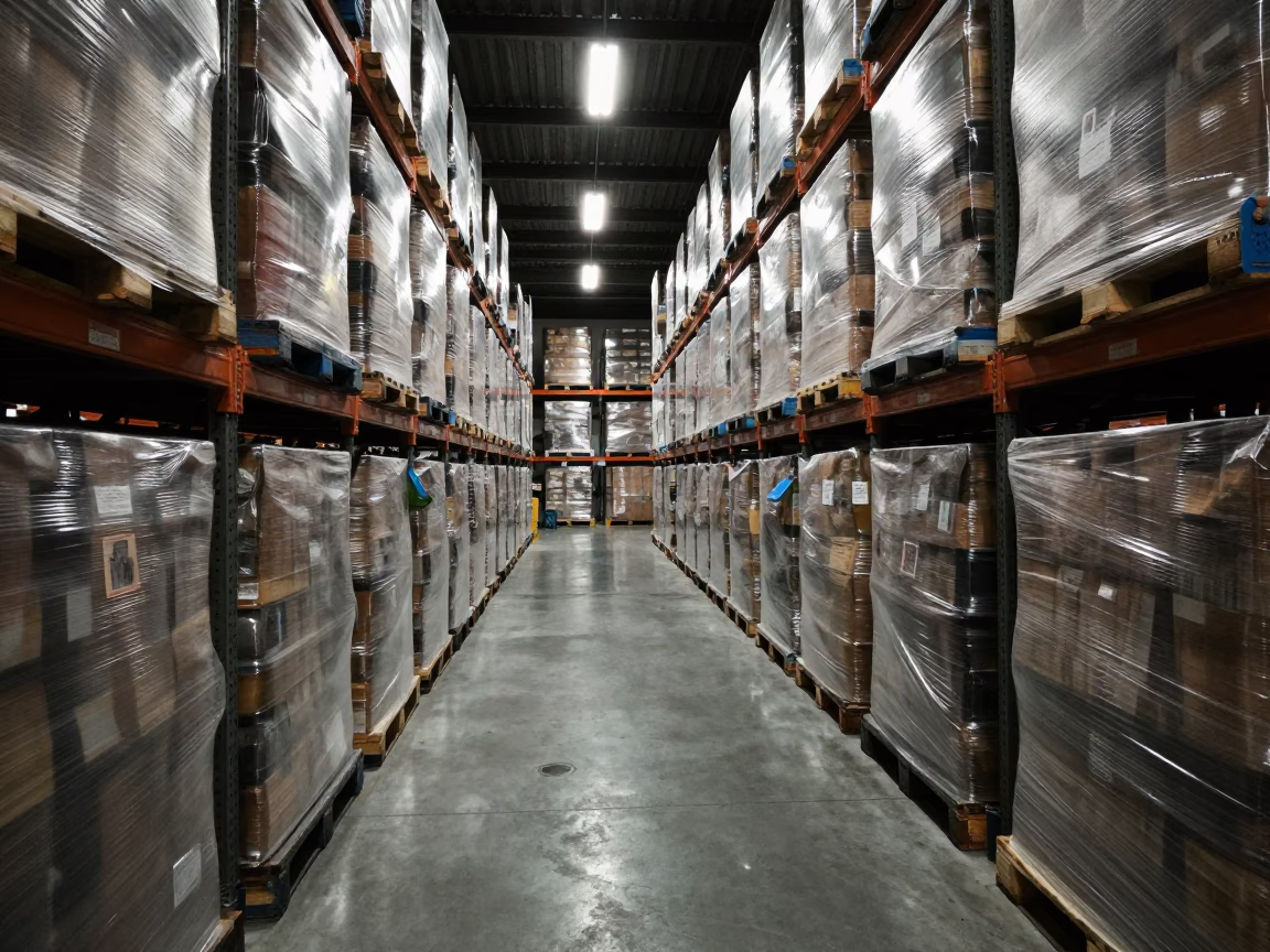 Midnight Austin Texas Warehouse Aisle with Shrink Wrapped Pallets and Strip Lights in in Austin, Texas, United States