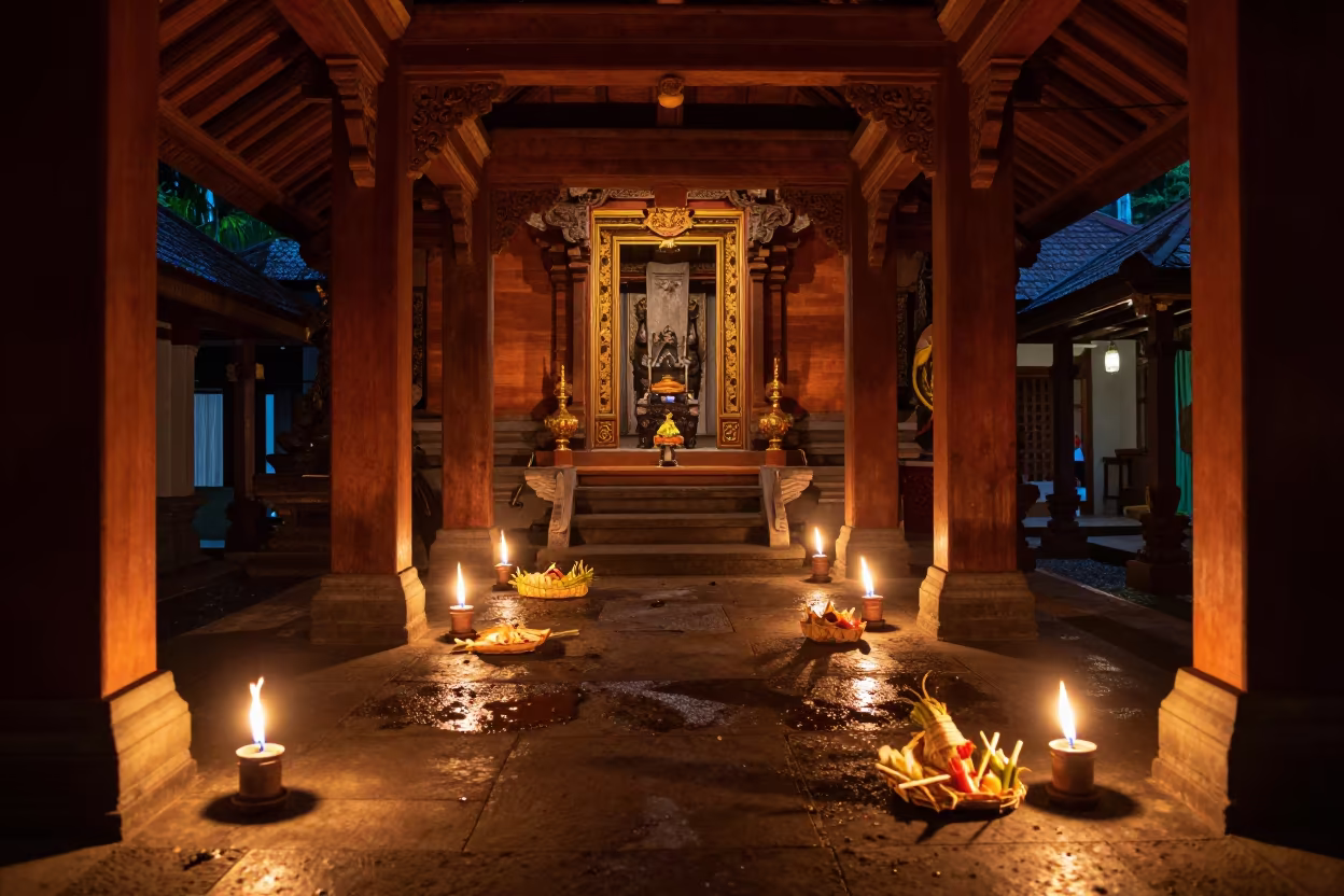 Midnight Balinese Temple Candlelight Ceremony in inside a candlelit nave in Yogyakarta