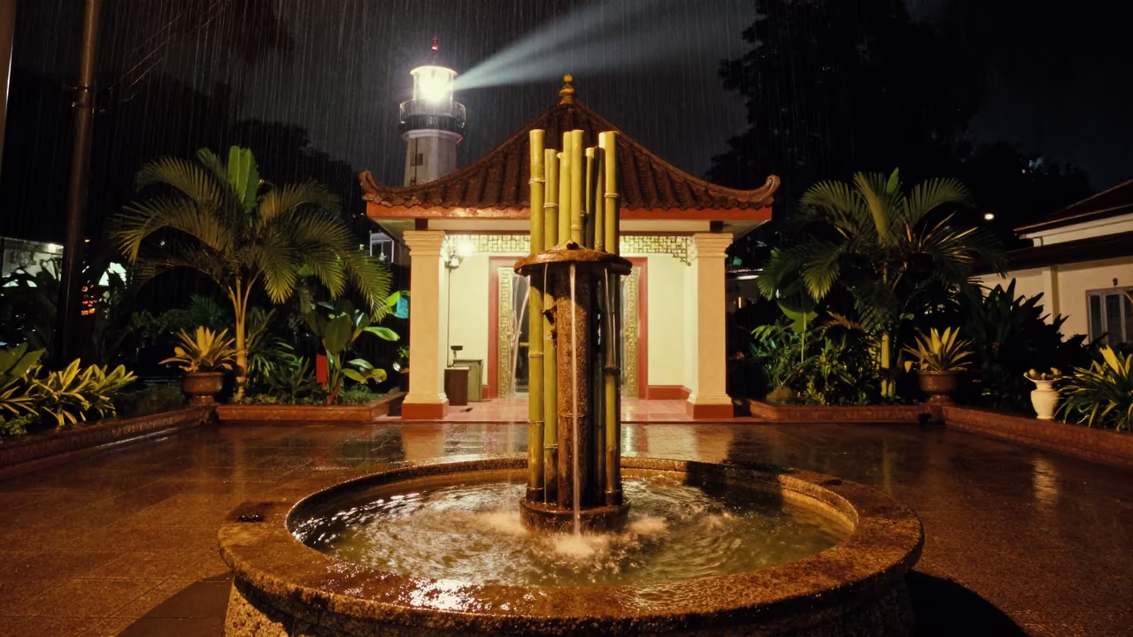 Midnight Bamboo Fountain at Kuala Lumpur Shrine in at a shrine entrance near Kuala Lumpur