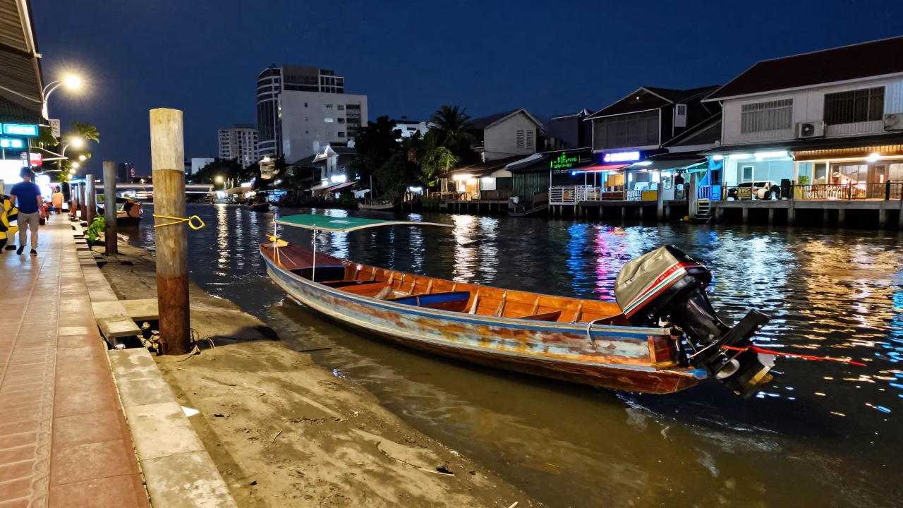 Midnight Bangkok Street Scene with Longtail Boat and Neon Lights in in Bangkok, Thailand