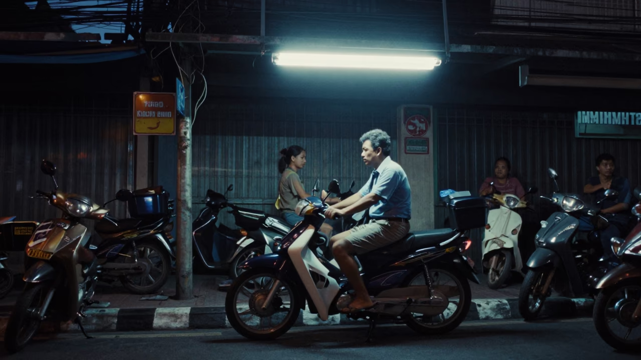 Midnight Bangkok Street Scene with Vintage Motorcycle and Street Food Vendor in in Bangkok, Thailand