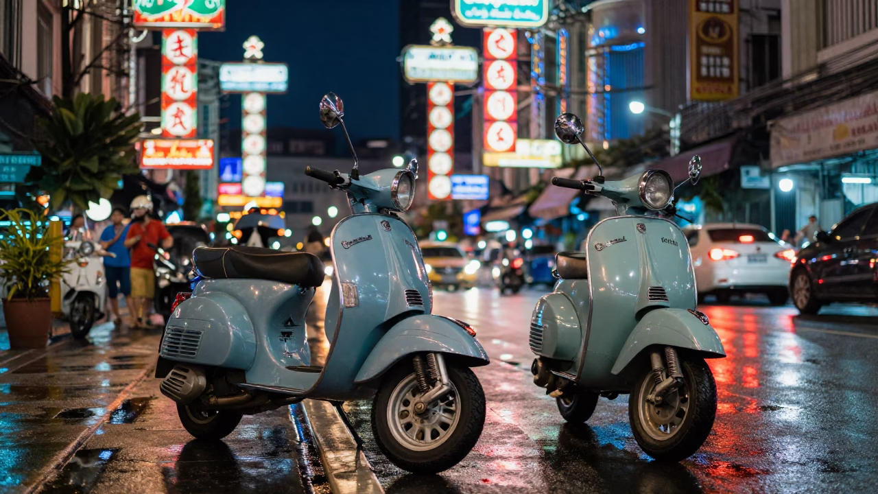 Midnight Bangkok Street Scene with Vintage Vespa and Neon Signs in in Bangkok, Thailand