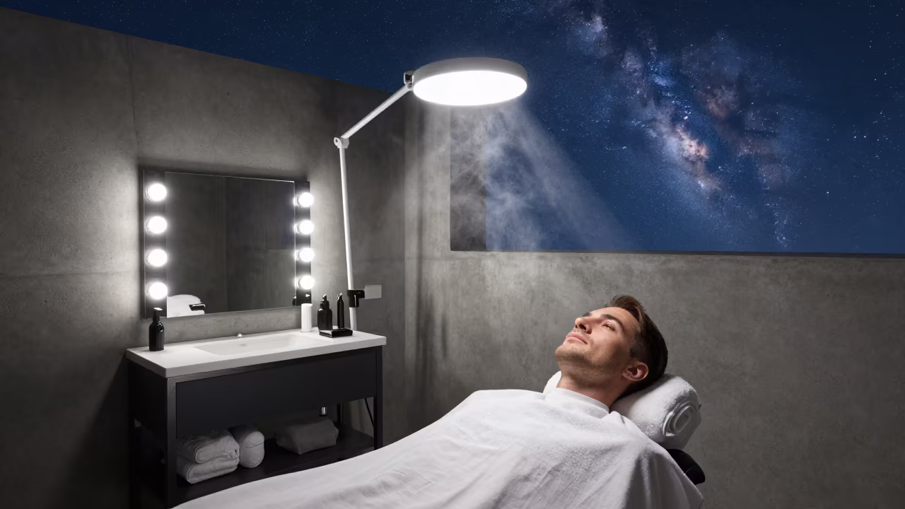 Midnight Barber Bay with Milky Way in Daylight Sky in inside a skincare treatment room in Carora