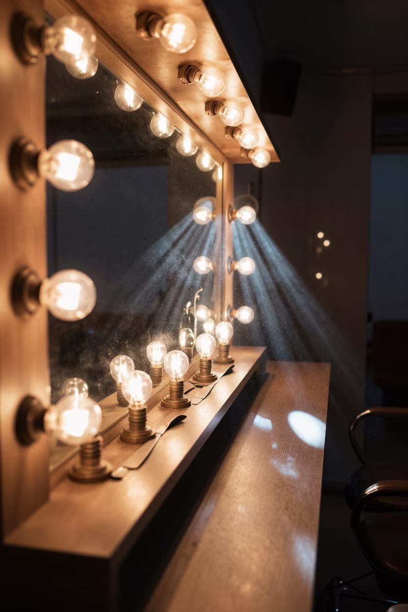 Midnight Barber Blade Bank Warm Glow Brasilia in at a barber station beneath mirror bulbs near Brasilia